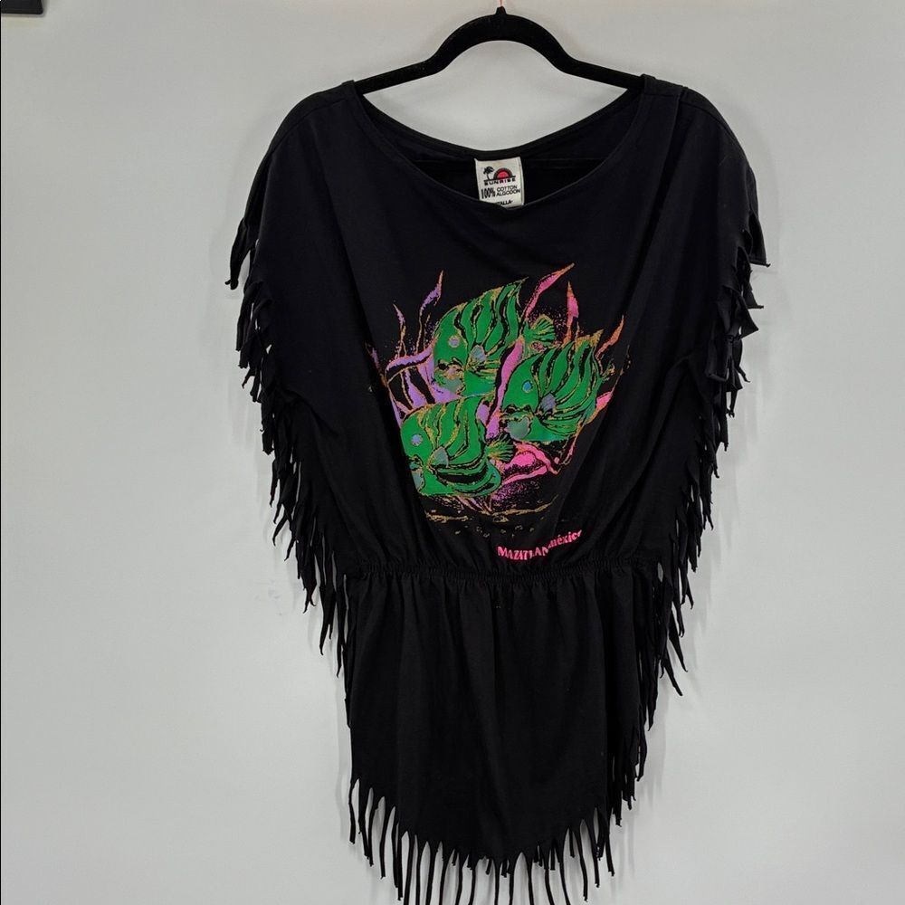 3For$20 Sunrise Black Fringe Tunic with Colorful Graphic Mexico One Size